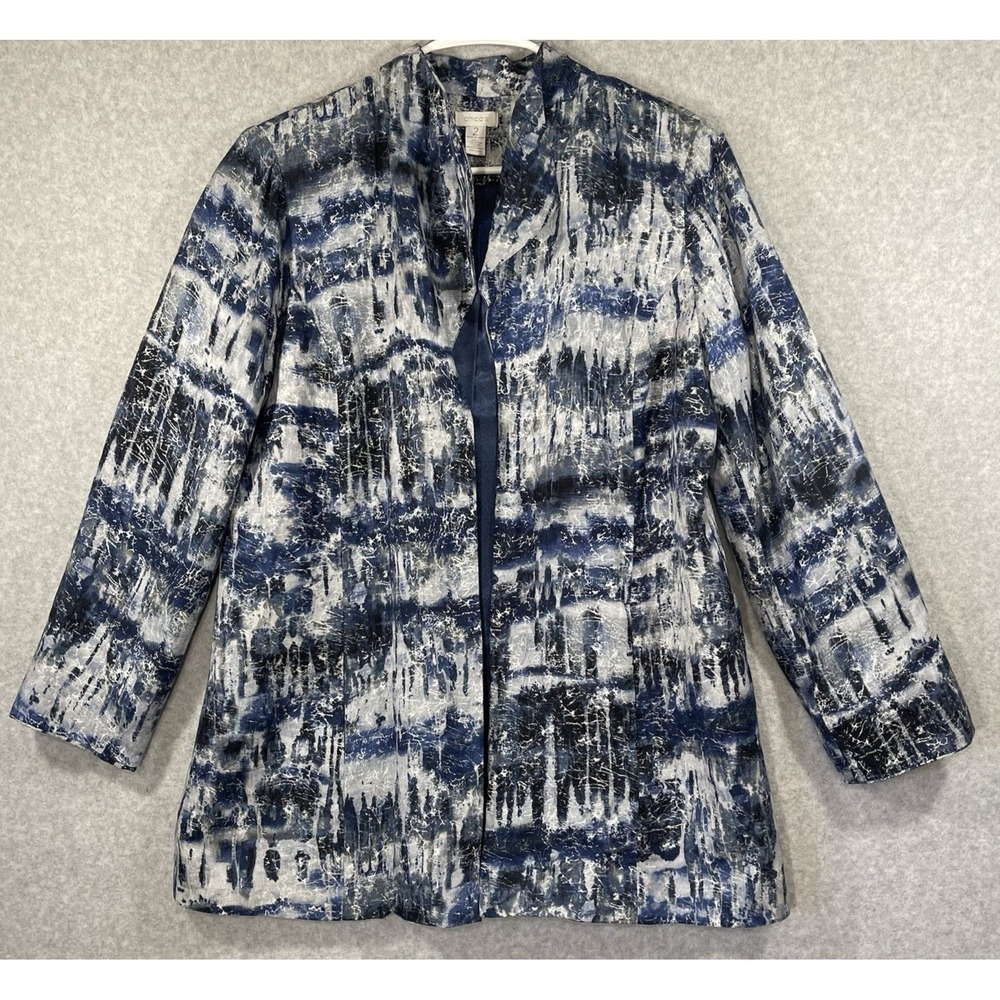 Chicos Jacket Women Sz 2 US 12 Blue Silver One Hook Closure Shoulder Pads Lined